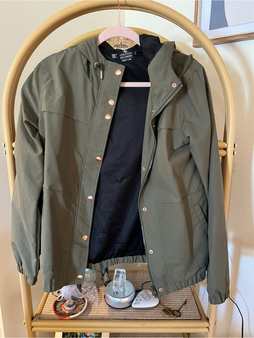Volcom Olive Green Hooded Bomber Jacket with Copper Snaps